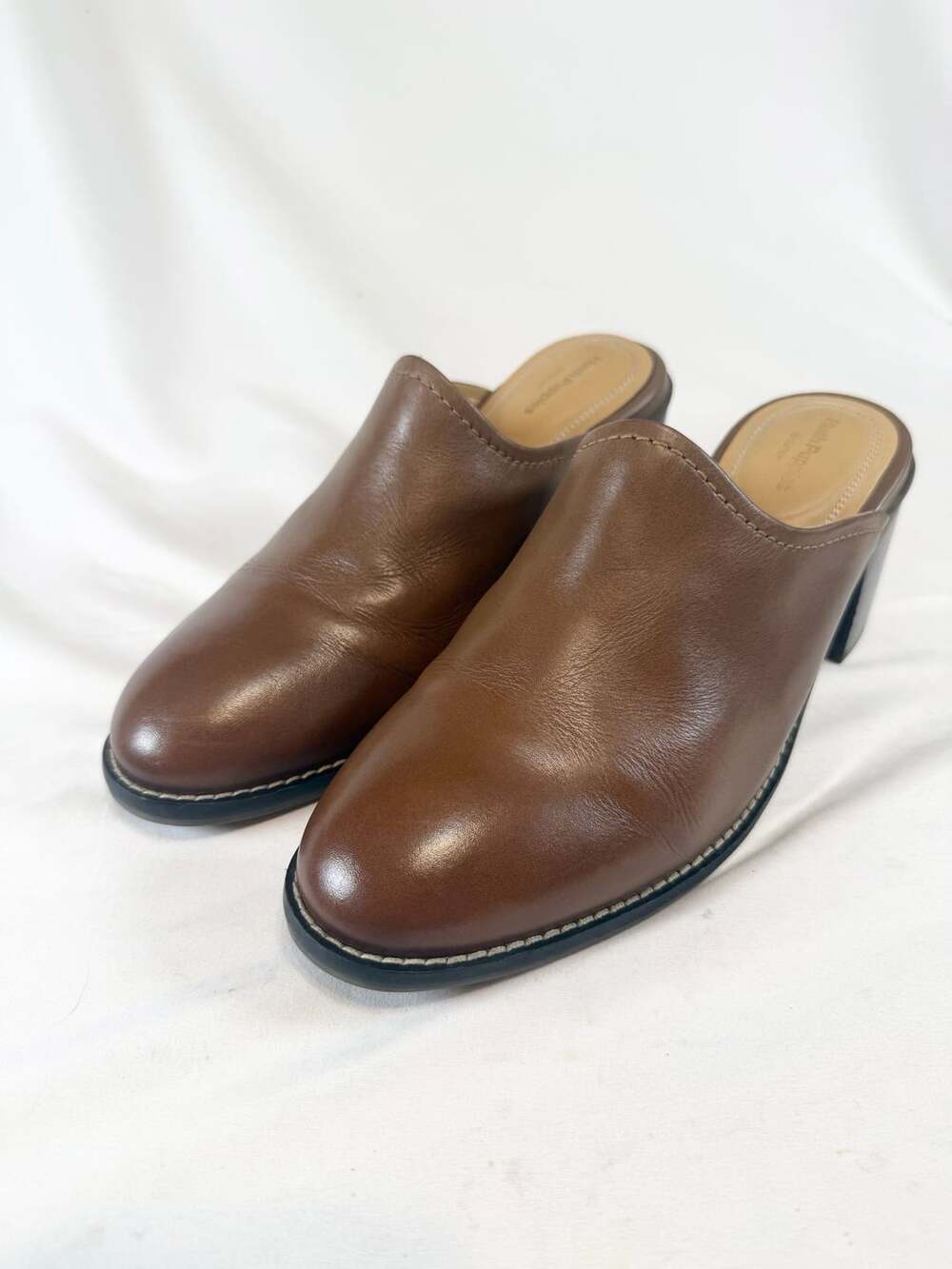 Hush Puppies Women's 9 Wide Brown Leather Block Heel Mule Clog Slip On Bounce Qu